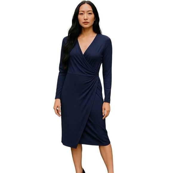Modcloth Faux Wrap Dress L Blue Office Siren Minimalism Preppy Prep Feminine - Picture 1 of 10